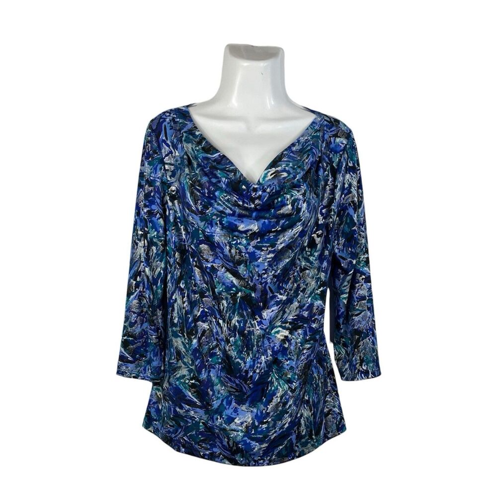 Travel Elements Blue Abstract Cowl Neck Top Large 3/4 Sleeve Blouse Casual Work
